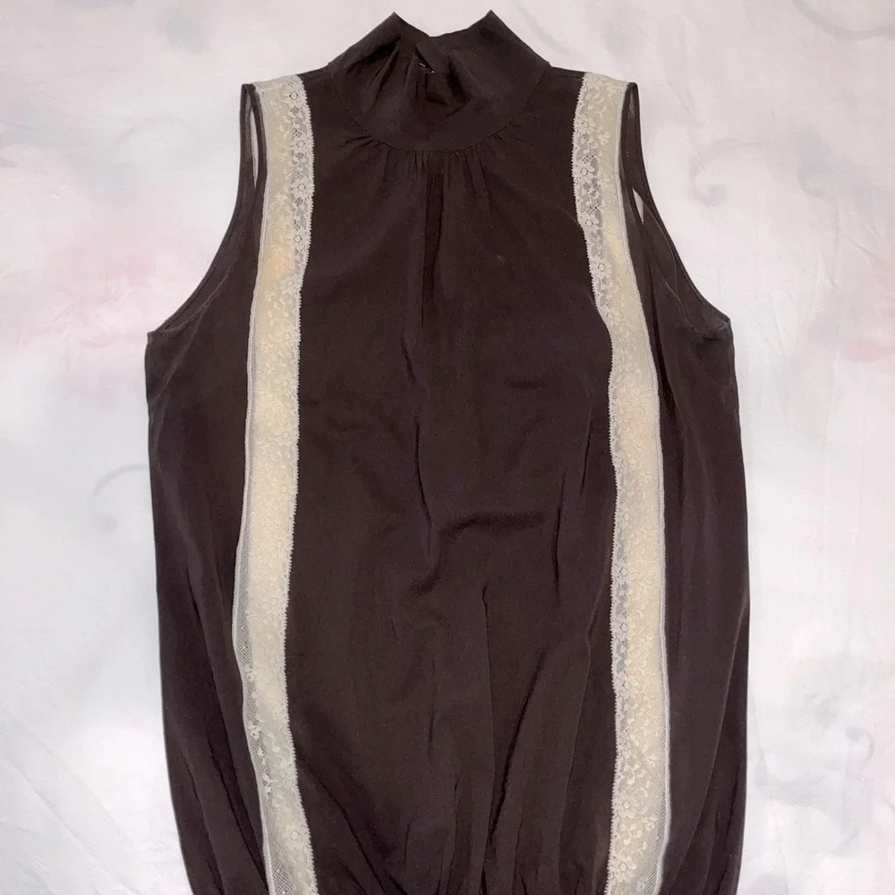 Dolce & Gabbana silk brown blouse vintage with cream lace detail. Size 42/M - Picture 1 of 14